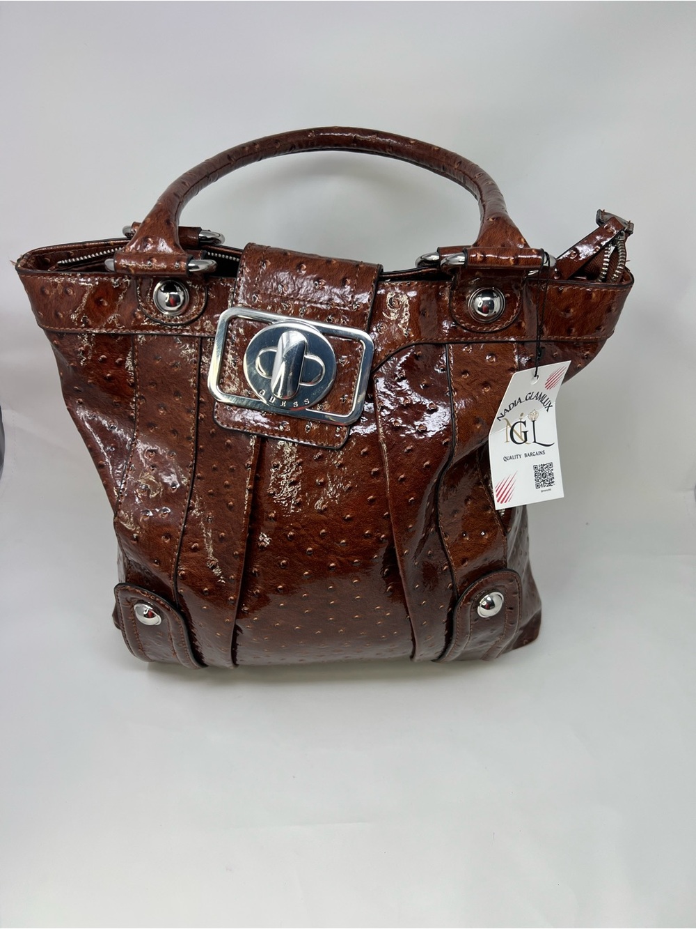 Guess Brown Patent Textured Tote Bag with Turn-Lock Accent